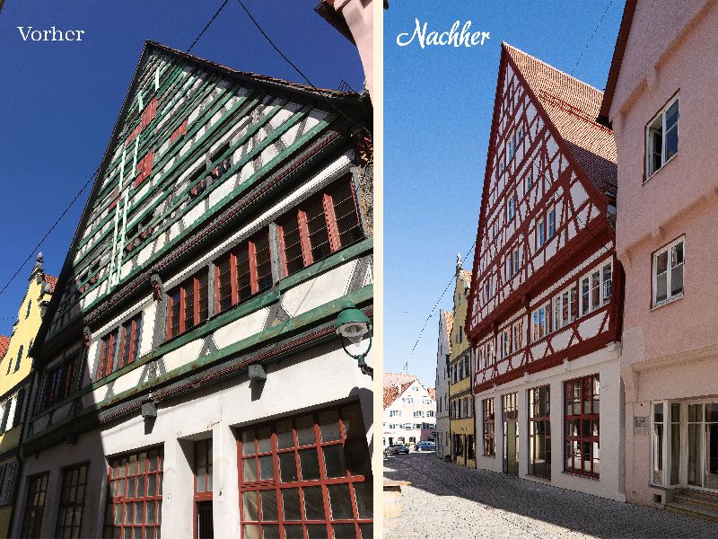 Westfassade vor und nach der Denkmalsanierung  mit dem neuen vorgefertigten Fachwerkgiebel (Quelle: Foto: Anton Färber)